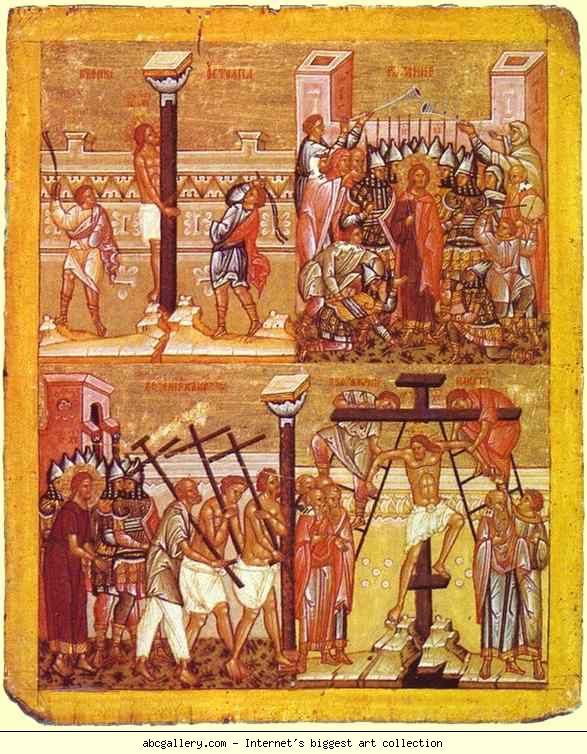 Russian Icon. The Flagellation of Christ. Taking Christ into Captivity. Bearing the Cross. The Crusifixion.