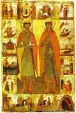 Russian Icon. Saints Boris and Gleb with Scenes from Their Lives.