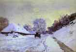 Claude Monet.  O carrinho de compras;  Snow-Covered Road em Honfieur, com Saint-Siméon Farm.