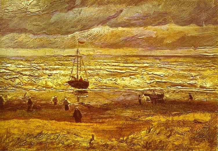 Vincent van Gogh. Beach with Figures and Sea with a Ship.