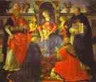 Domenico and David Ghirlandaio and Bartolomeo di Giovanni. Madonna and Child Enthroned with Two Angels, St. Dionysius the Aereopagite and St. Dominic, Pope Clement and St. Thomas Aquinas.