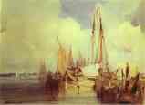 Richard Parkes Bonington. French River Scene with Fishing Boats.