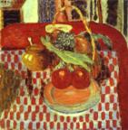 Basket and Plate of Fruit on a Red-Checkered Tablecloth.