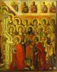 Duccio di Buoninsegna. Maestà (front, central panel, detail of) The Mother of God Enthroned with the Christ Child, amidst Angels and Saints.