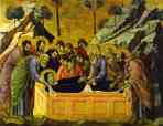Duccio di Buoninsegna. Maestà (front, crowning panels) The Entombment of the Virgin.