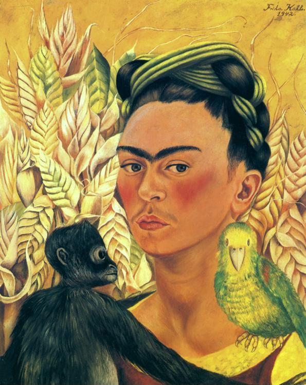 Frida Kahlo. Self-Portrait with Monkey and Parrot.