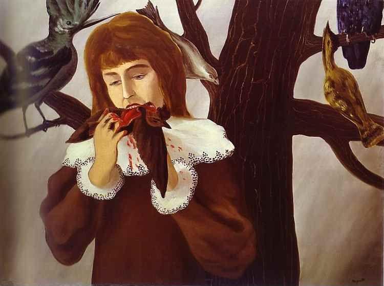 René Magritte. Young Girl Eating a Bird / Pleasure (French: Jeune fille mangeant un oiseau / Le Plaisir).