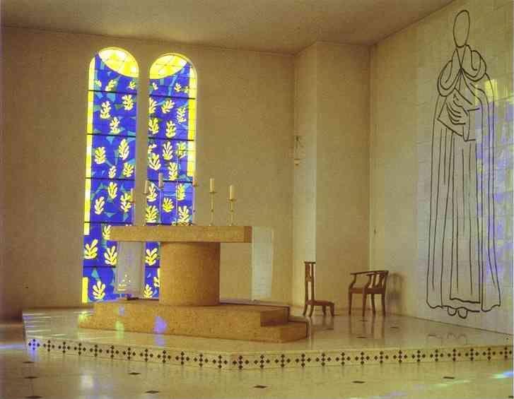 Henri Matisse. Interior of the Chapel of the Rosary, Vence. At left: The Tree of Life, stained glass. At right: St. Dominic, ceramic tiles.