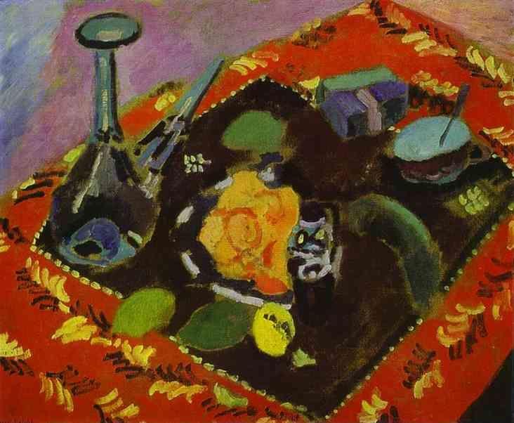 Henri Matisse. Dishes and Fruit on a Red  and Black Carpet.