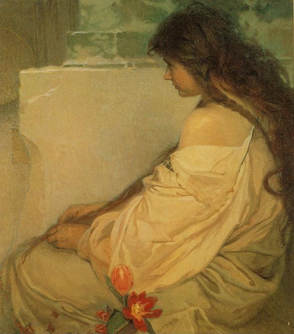 Alphonse Mucha. Girl with Loose Hair and
 Tulips.