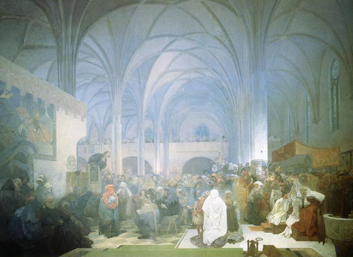 Alphonse Mucha. Master Jan Hus Preaching
 at the Bethlehem Chapel.