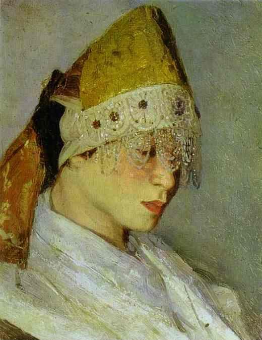 Mikhail Nesterov. A Girl with Kokoshnik (Woman's Headdress in Old Russia). Portrait of Marya Nesterova.
