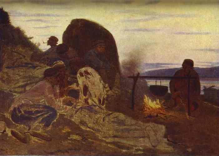 Ilya Repin. Barge Haulers by Campfire.