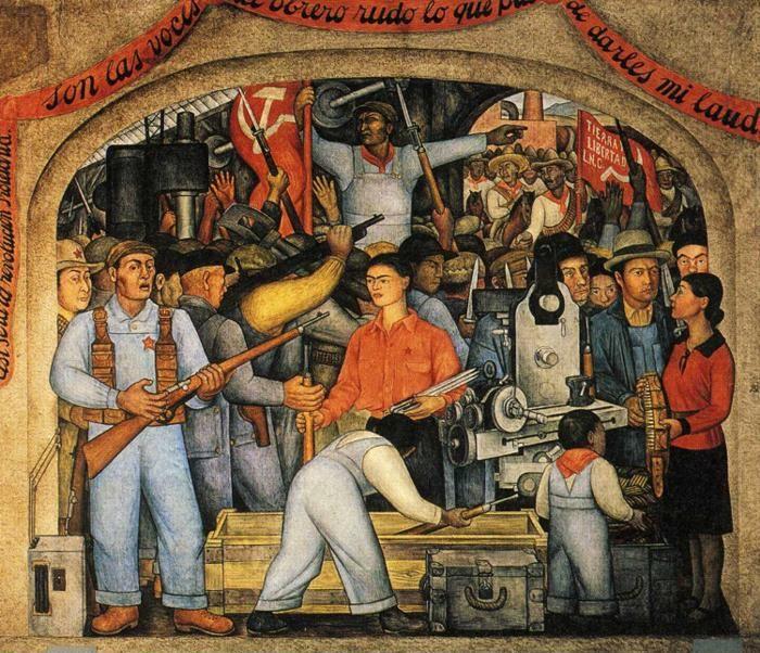 Diego Rivera. From the cycle: Political Vision  of the Mexican People (Court of Fiestas): Insurrection aka  The Distribution of Arms. / El Arsenal - Frida Kahlo repartiendoarmas.