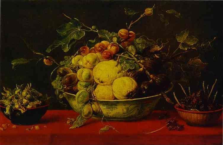Frans Snyders. Fruits in a Bowl on a Red Tablecloth.