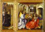 Robert Campin. The Annunciation. (The Merode Altarpiece). The left and central panels of the triptych.
